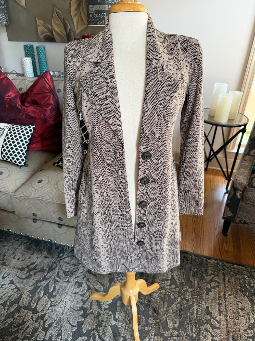 Snake-Print Longline Women's Blazer Jacket - Neutral taupe and grey #4114
